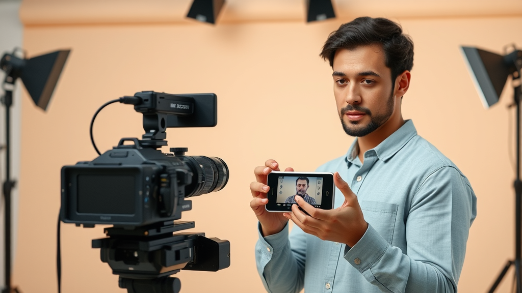 Videographer producing a product explainer video with professional studio setup