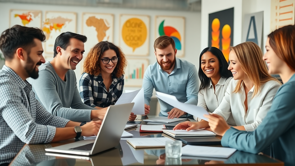 affordable marketing ideas small business team collaborating in modern office, brainstorming, energetic atmosphere