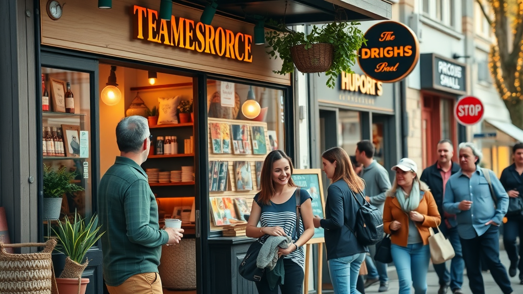 branding for small businesses - vibrant shopfront with owner welcoming customers, vibrant branding elements, lively main street