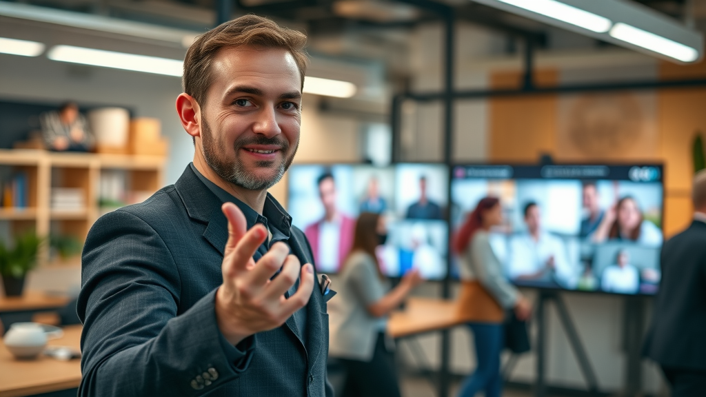 social media video: confident presenter gesturing towards engaging video content in modern workspace