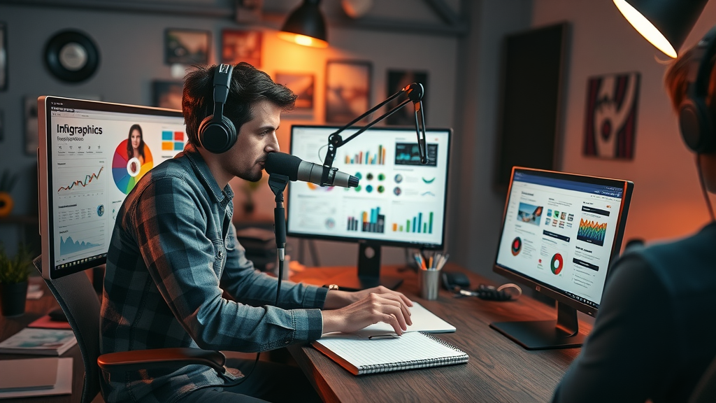 content marketing small business owner designing infographics and recording podcast, content creation, modern workspace