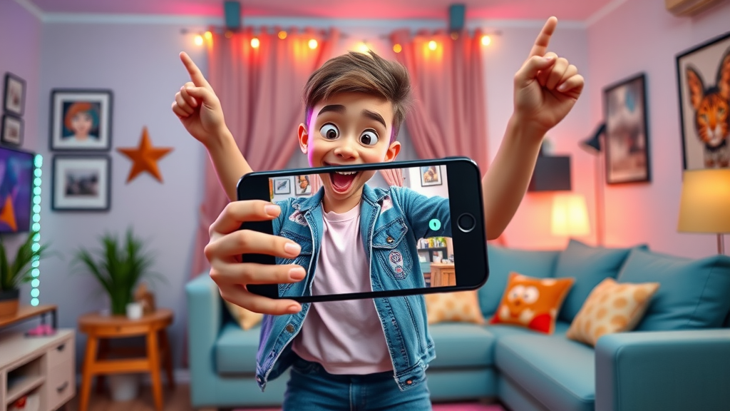 energetic influencer recording a trending TikTok dance on a smartphone in a playful setting - short form video content creation