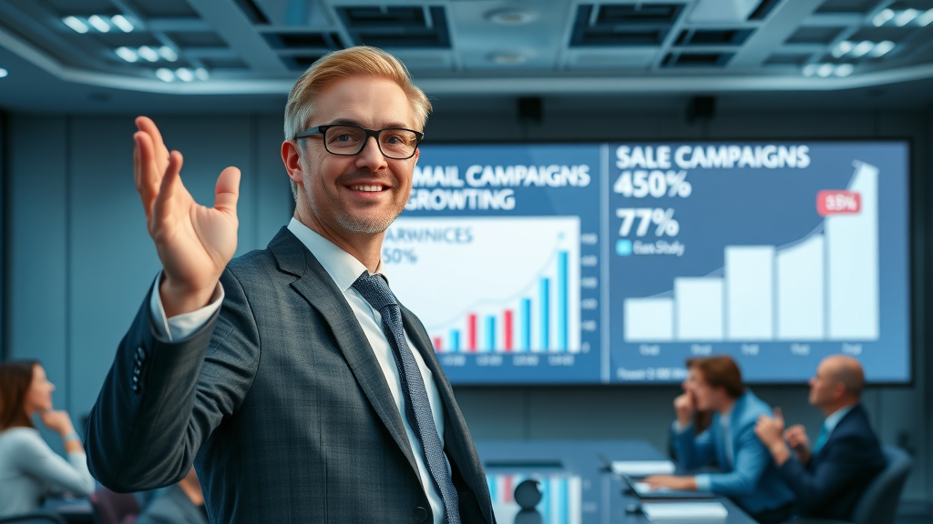 email marketing campaign case study, executive presenting sales growth charts, engaged audience.