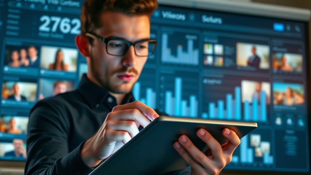 sleek dashboard interface with hands using a tablet to manage video marketing software analytics and video content