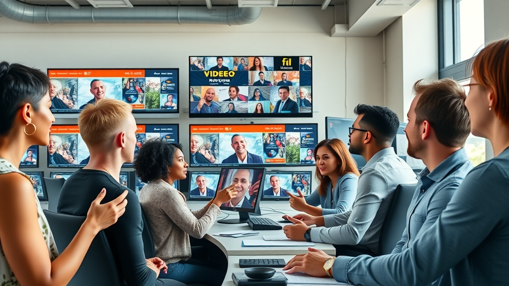 diverse marketing team monitoring video engagement metrics on social media platforms in a modern workspace - marketing videos