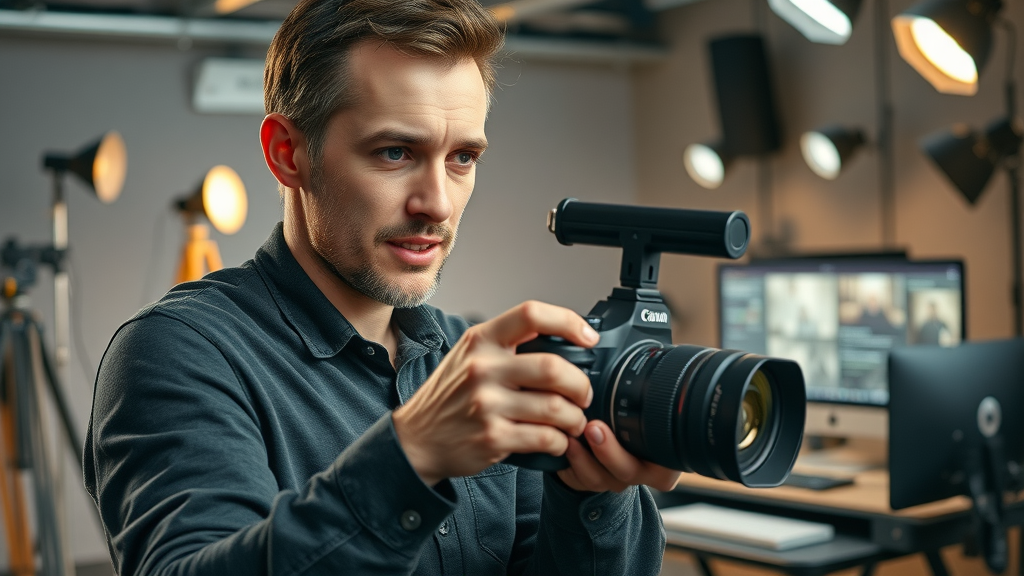 video seo optimization creator adjusting camera for video marketing in creative studio setup