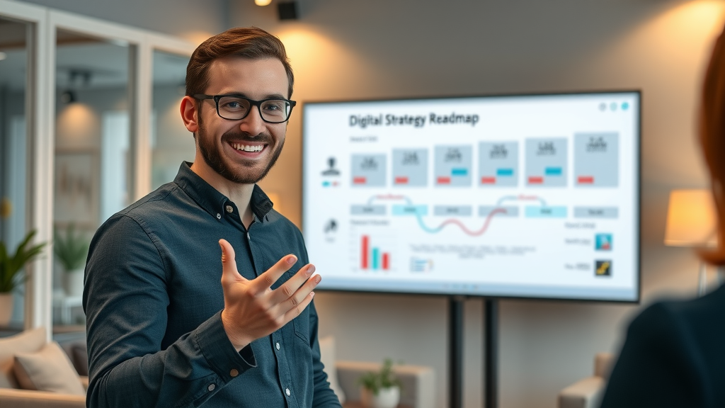 Confident manager delivering a video marketing strategy presentation with digital roadmap