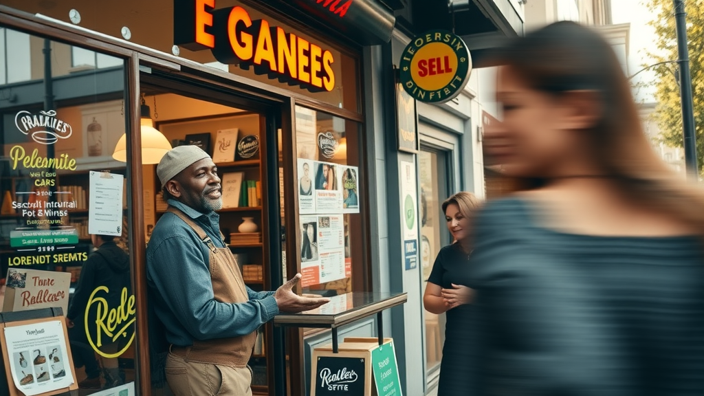 Vibrant small business storefront showcasing branding details, welcoming owner greeting customers, urban street with colorful signage, small business branding