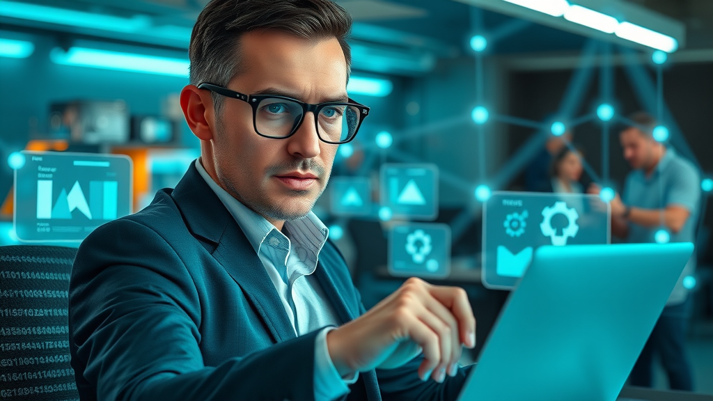 tech-savvy marketing professional syncing multi-channel video marketing platforms and tools