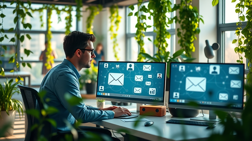 Marketers integrating email marketing campaigns with social media strategies on dual screens