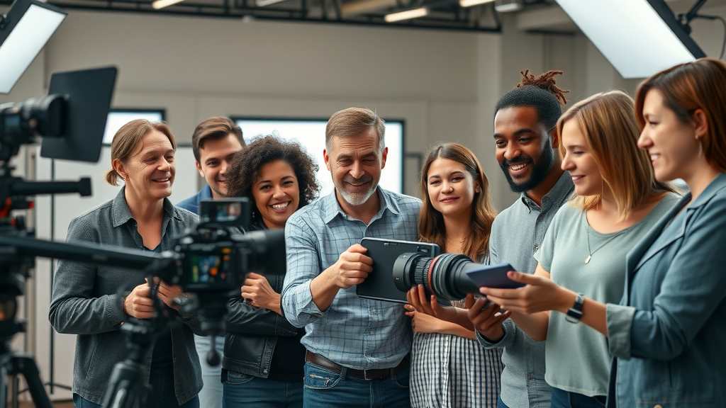 dynamic group of diverse content creators collaborating on video production in a modern studio, energetic and focused - video content creation