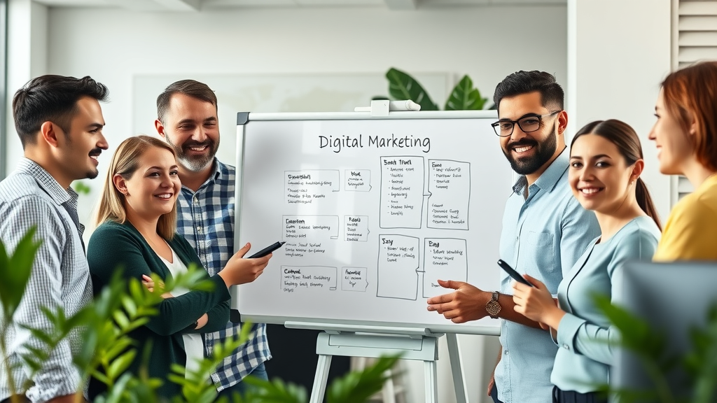 small business team brainstorming modern digital marketing strategy around a whiteboard, bright office, content marketing small business