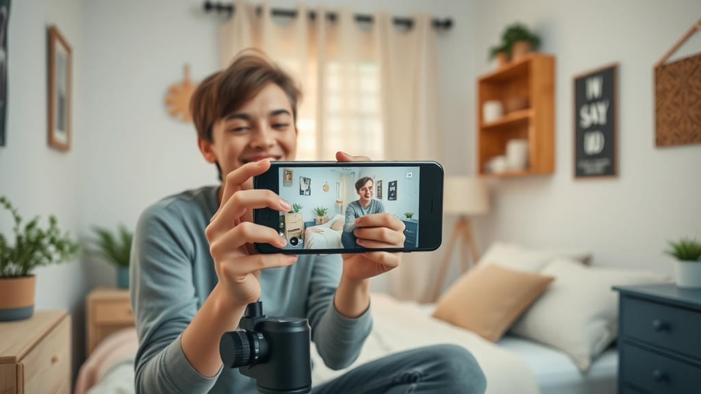 beginner content creator recording first video with basic smartphone tripod setup in a cozy bedroom - beginner video content creation