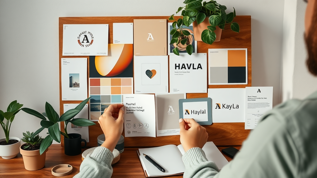 Sleek moodboard with small business branding materials and visual identity elements, designer selecting colors, brand identity design