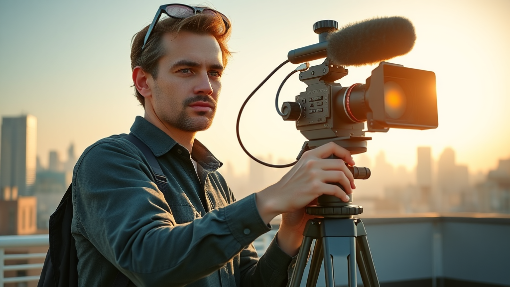 tech-savvy videographer adjusting camera and microphone on urban rooftop for video content creation