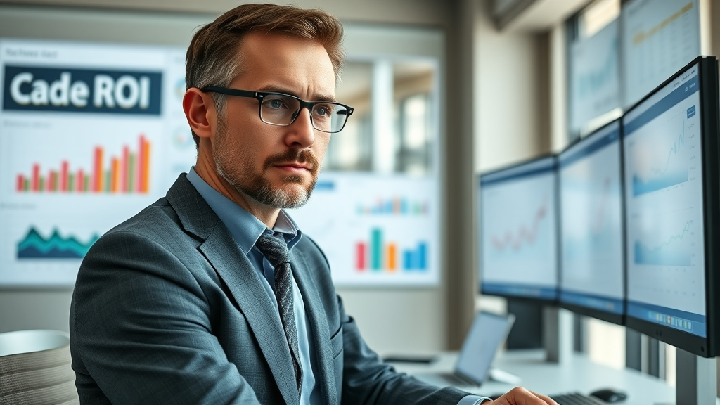 Business analyst reviewing marketing dashboards for ROI, marketing plan evaluation and small business marketing analytics