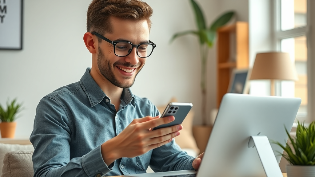social media marketing small business owner interacting with apps in a cozy workspace