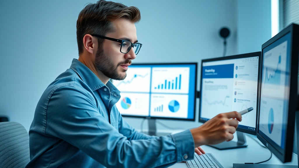 Marketer comparing email marketing platforms and tools on dual monitors