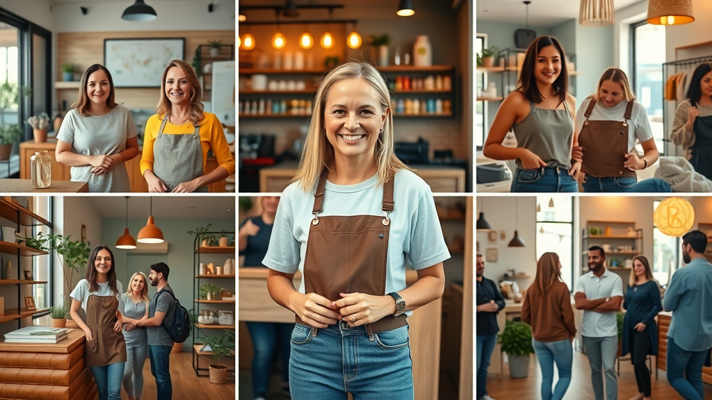 collage of small business branding ideas, successful business owners, consistent visual brand