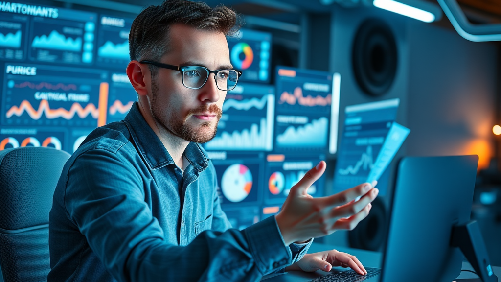 Entrepreneur comparing best marketing tools for small business marketing, digital dashboards with analytics and platforms highlighted