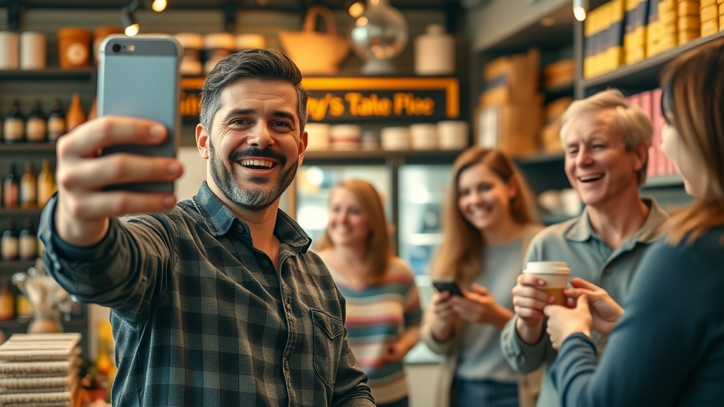 Small business owner taking a selfie with customers for social media small business marketing strategies