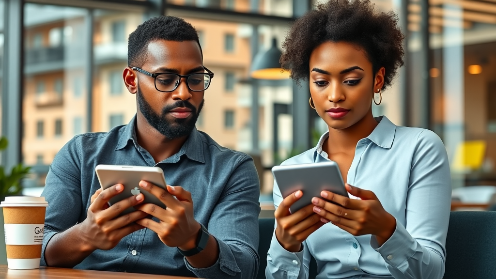 small business entrepreneurs comparing social media analytics on digital devices, social media content marketing small business