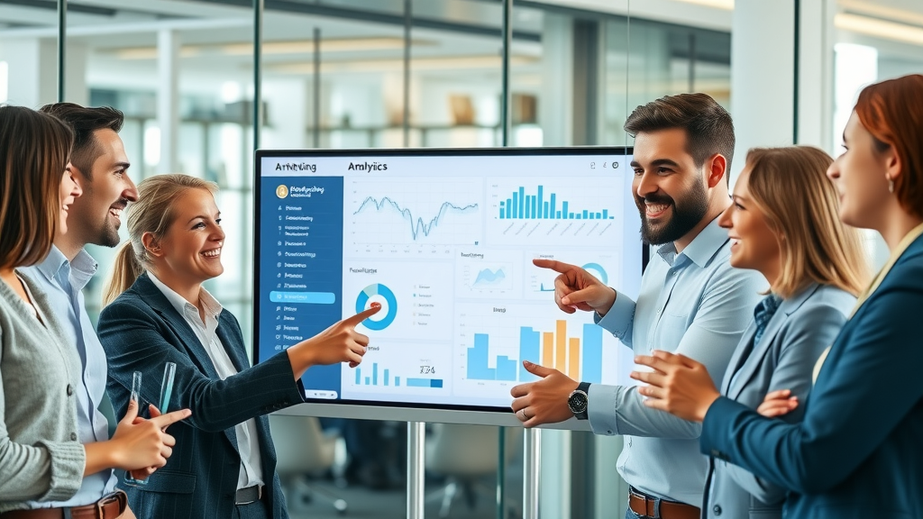 modern business team collaborating on a video marketing analytics dashboard in a glass-walled office - video marketing tools