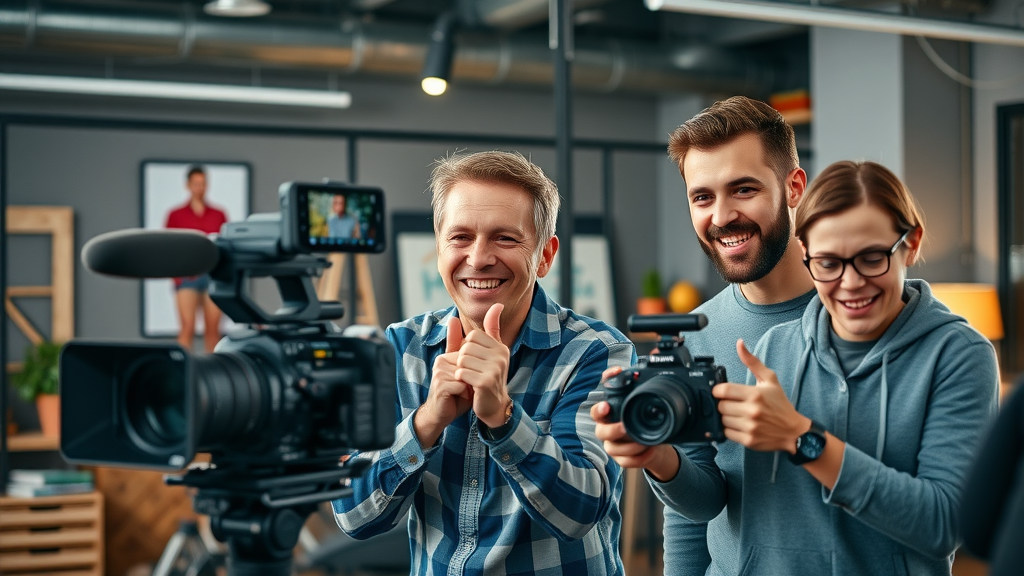 video production crew filming brand story in industrial studio