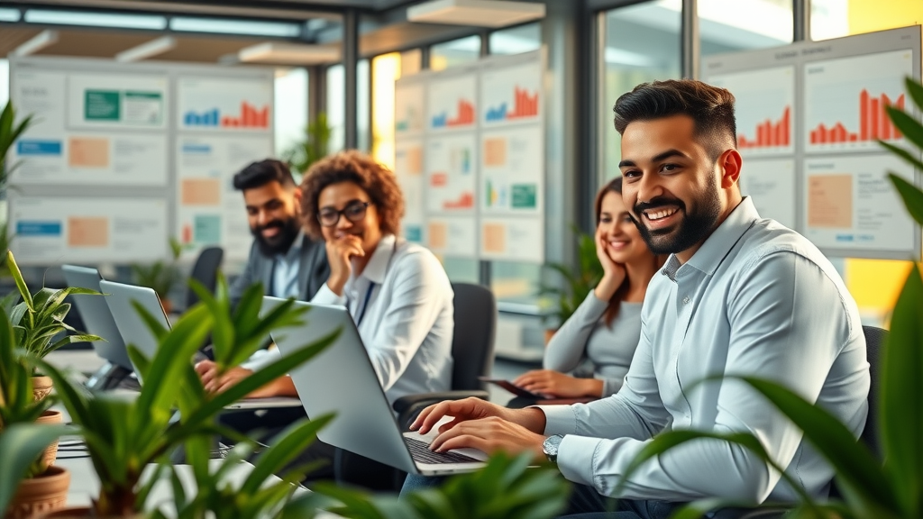 types of email campaigns - diverse team sending marketing emails, open plan office, charts with email campaign types.