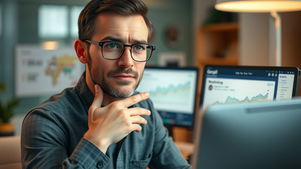concerned marketer reviewing analytics dashboard on a computer, recognizing missed marketing analytics opportunities