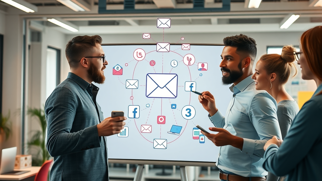 synchronizing email marketing campaigns with social media strategies, marketers collaborating on whiteboard.