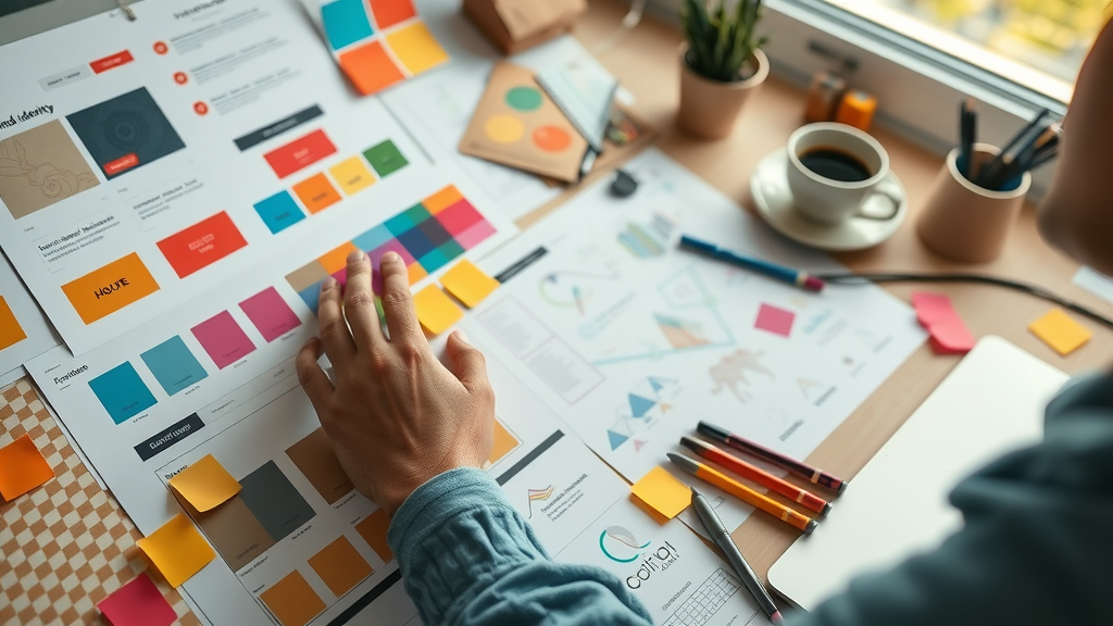 brand identity mood board for branding for small businesses, colors, logo sketches, creative workspace