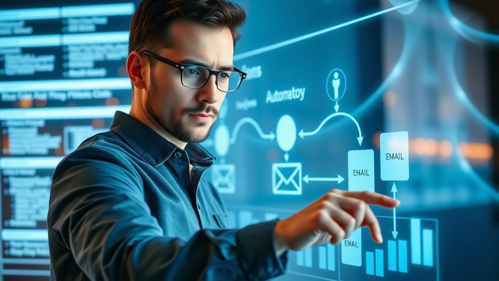 automated email - marketer setting up automated workflow using drag-and-drop dashboard, futuristic digital UI.