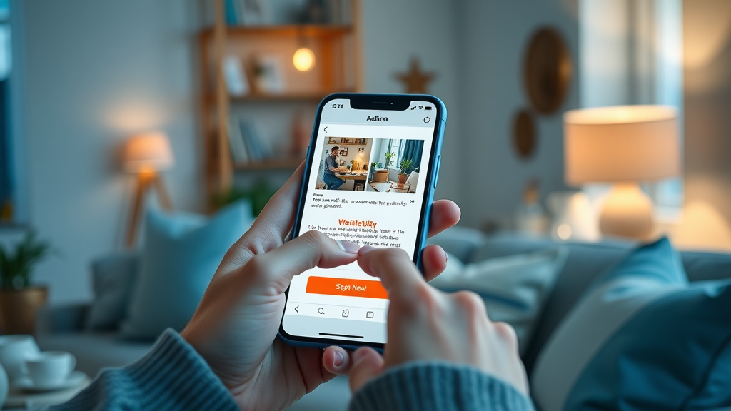 Sleek mobile device displaying visually appealing marketing email, user tapping call-to-action button