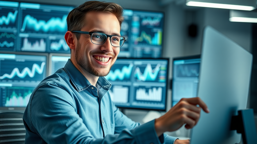 analytics tools: cheerful specialist examining multiple monitors with video campaign analytics dashboards