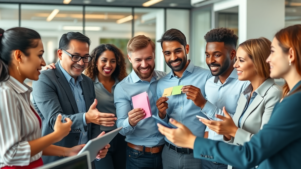 vibrant business team collaborating on customer engagement strategies in a modern office, digital screens, post-it notes, crisp colors, bright lighting