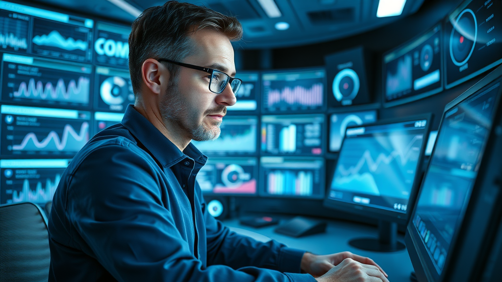 analytical manager reviewing real-time analytics for customer engagement strategy, futuristic dashboard, vivid blue graphics