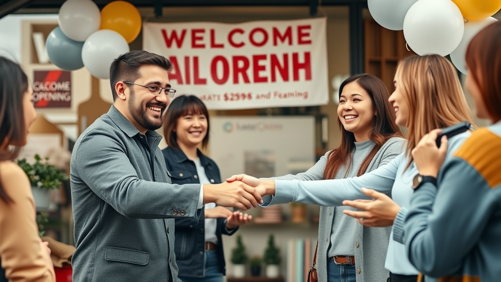 Happy small business team shaking hands with new customers small business marketing strategies