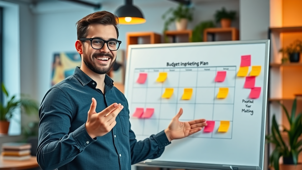 budget marketing ideas entrepreneur presenting plan to team whiteboard notes