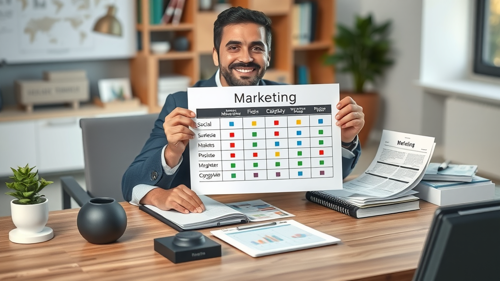 organized table with business marketing props for affordable marketing ideas categories
