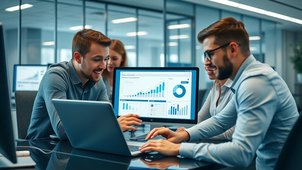 marketing team collaborating to integrate analytics software on laptops, focused on video analytics dashboard in a modern office
