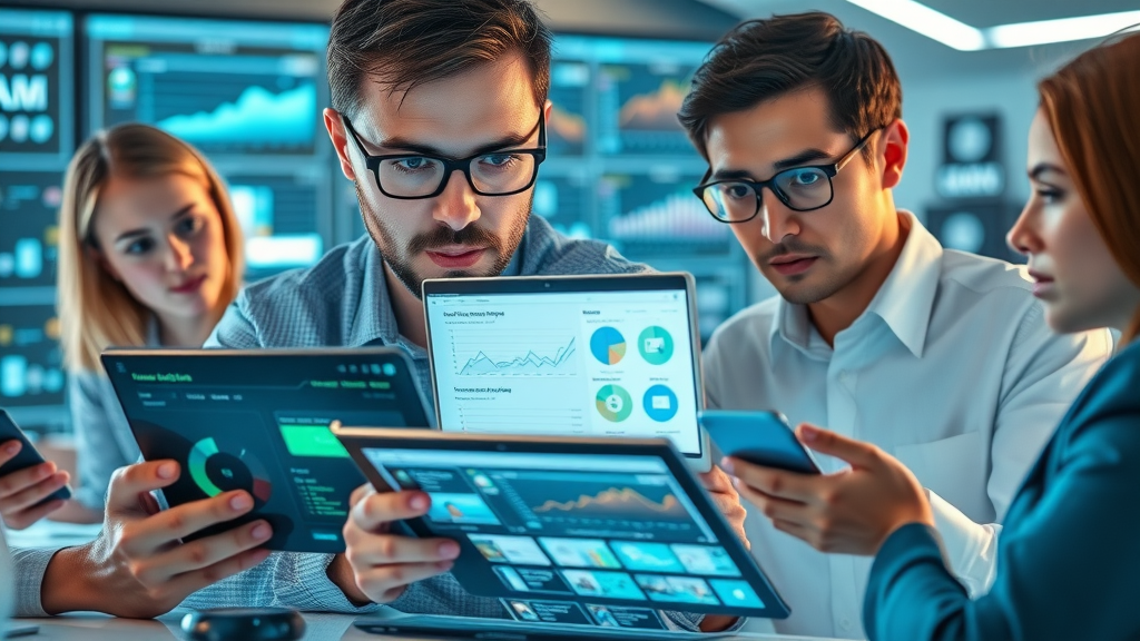 collection of video analytics tools displayed on device screens, marketers evaluating analytics dashboards in a digital workspace