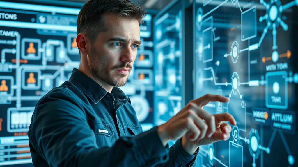 Futuristic marketer designing dynamic content automation workflows for email campaigns, illuminated by high-tech digital displays