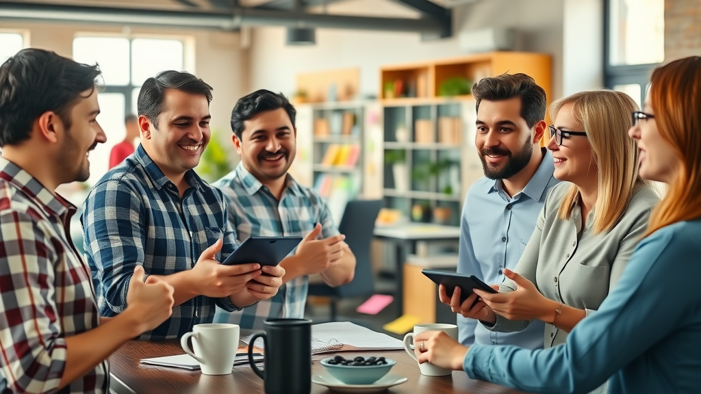 collaborative team of video creators brainstorming ideas with digital notepads in a vibrant office - team video content creation