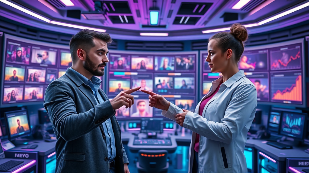 futuristic user interface with marketers discussing video marketing analytics and video content in a high-tech media lab