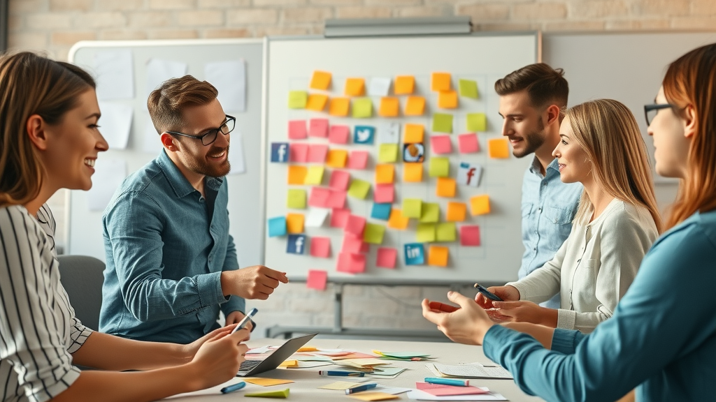 small business team collaborating on a social media marketing small business strategy