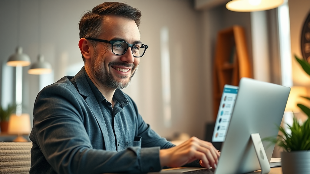 happy business owner with laptop reviewing positive feedback for customer engagement strategies in office