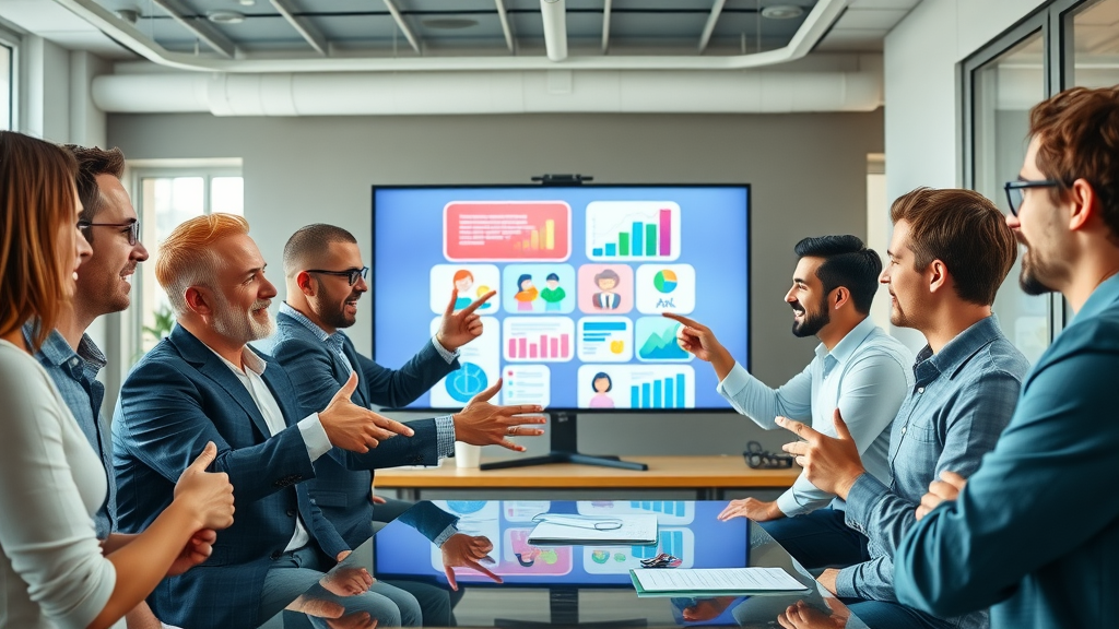 Dynamic business team brainstorming successful video marketing strategy in a modern office