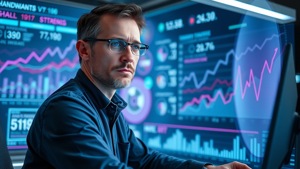 marketer reviewing analytics of brand storytelling video campaign with high-tech displays
