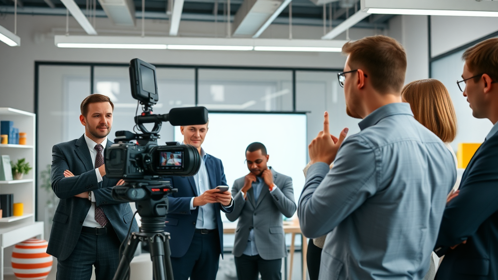 professional business team filming a marketing video campaign with branded products in a studio - business video content creation